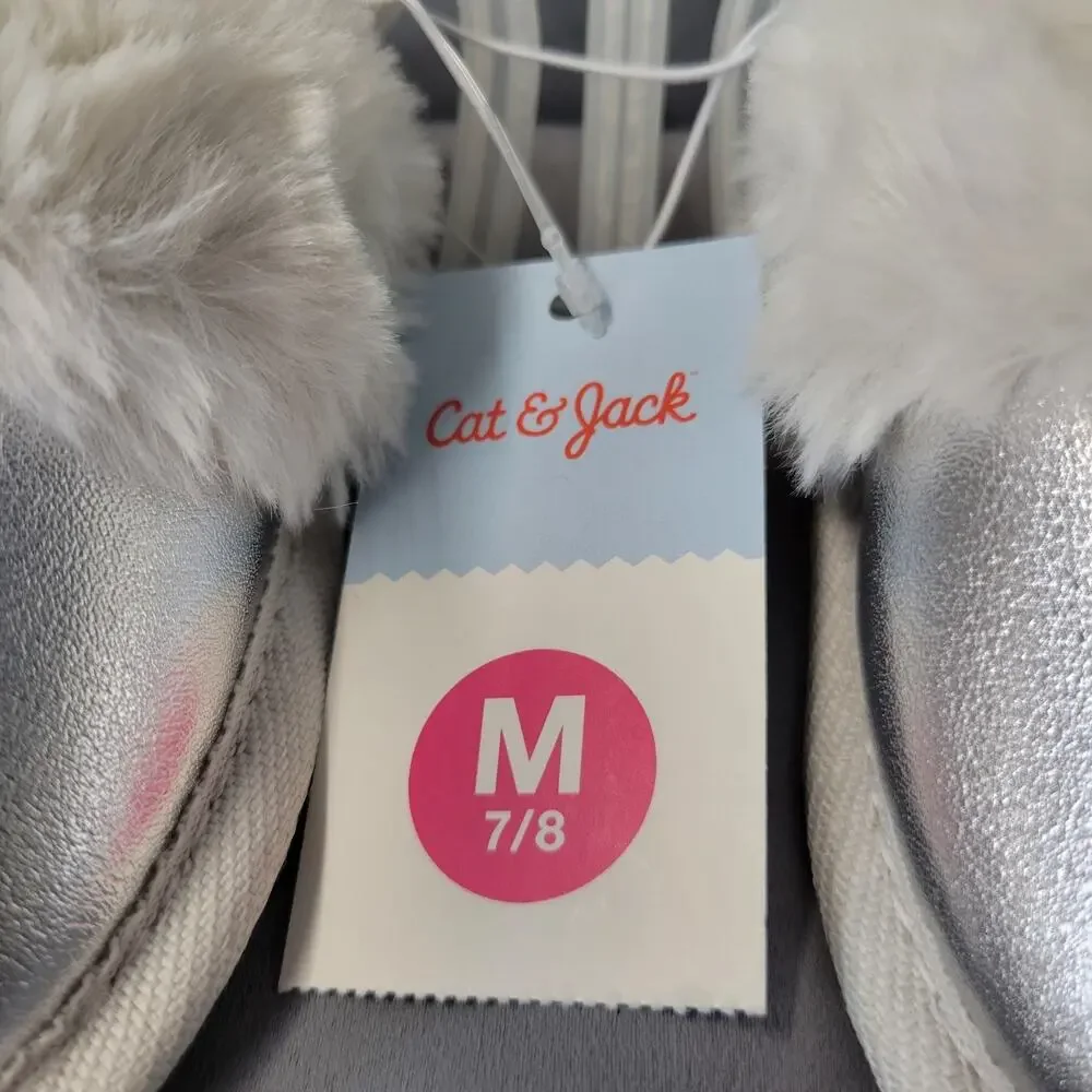 Cat & Jack Slippers Youth Girls M 7/8 Lila Scuff Puff Silver Fax Fur Soft New